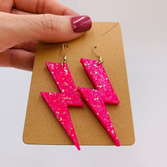 Hot Pink Lightning Bolt Earrings - Picture 3 of 8